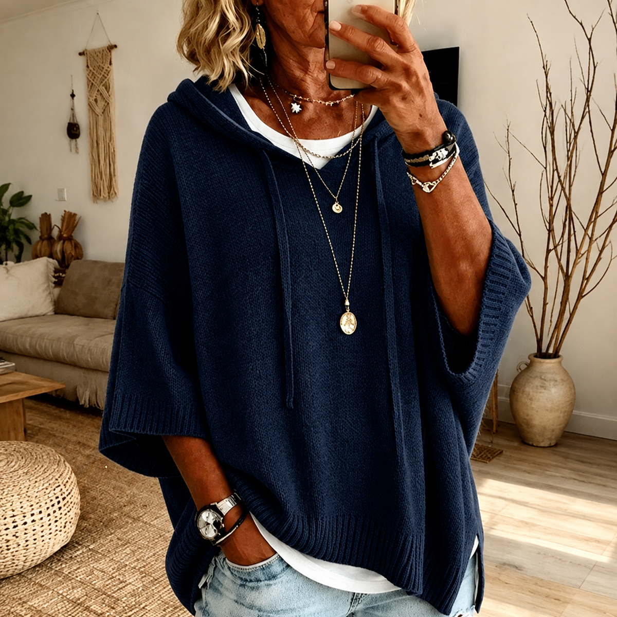 Juliette | Jersey poncho con capucha azul marino