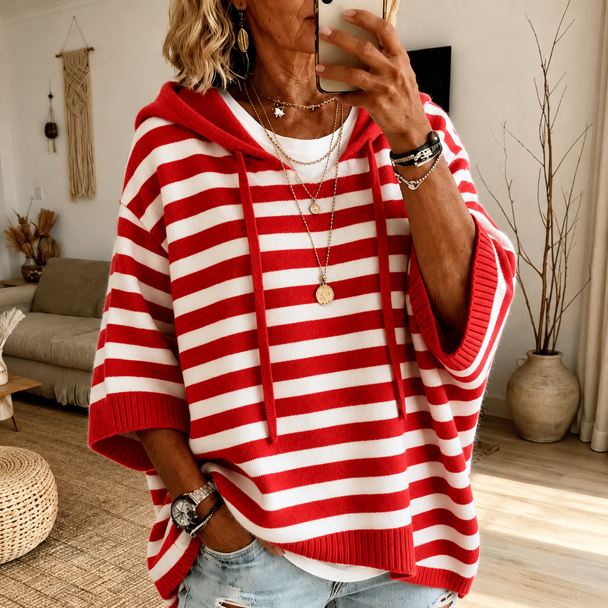 Charlotte | Jersey poncho de rayas rojo con capucha