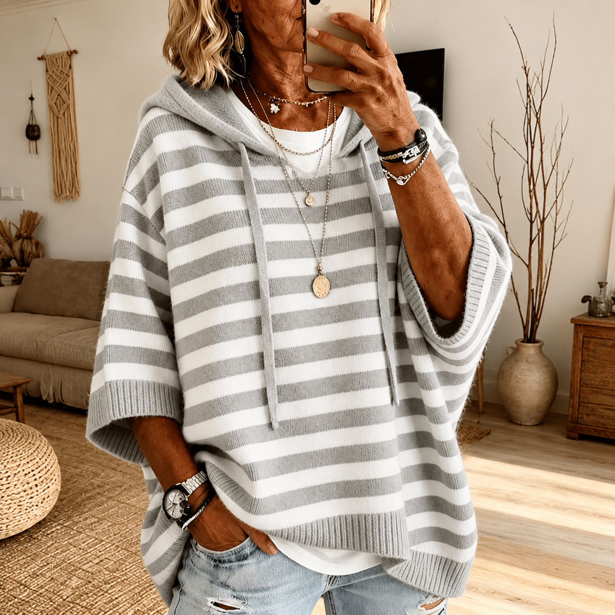 Celine | Jersey poncho de rayas gris con capucha