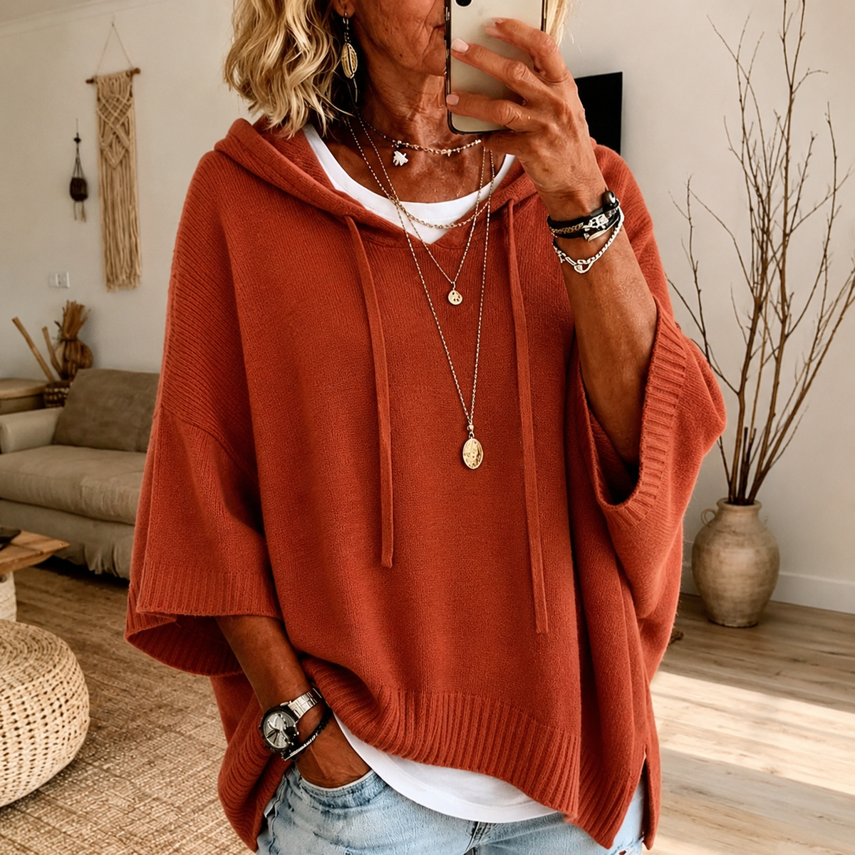 Oceane | Jersey poncho con capucha terracota