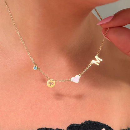 Collar Inicial con Corazón, Piedra de Nacimiento y Signo del Zodiaco