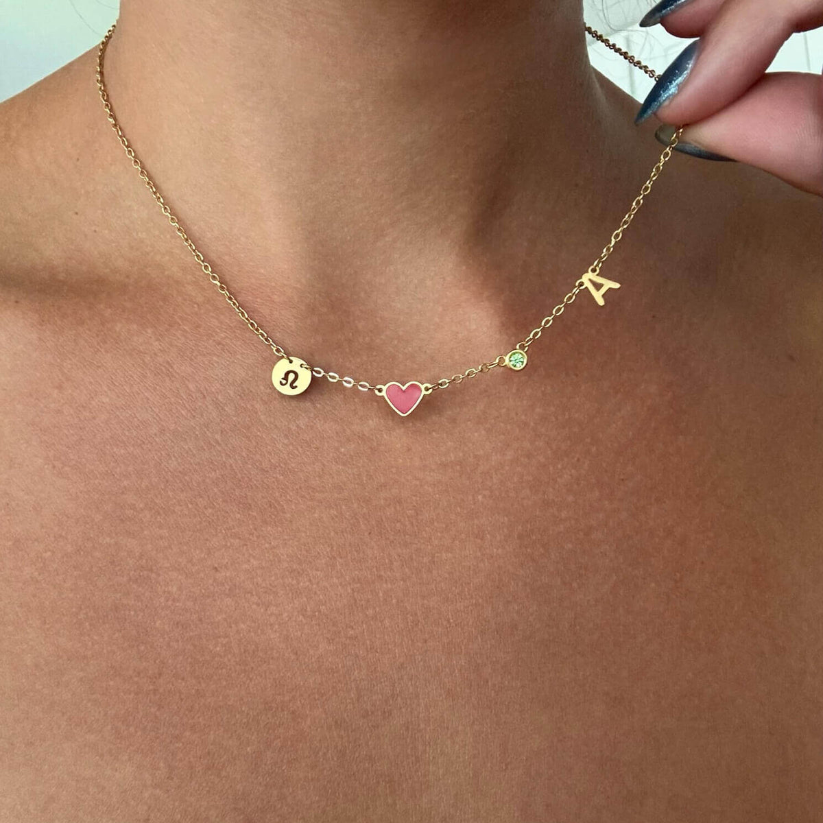 Collar Inicial con Corazón, Piedra de Nacimiento y Signo del Zodiaco