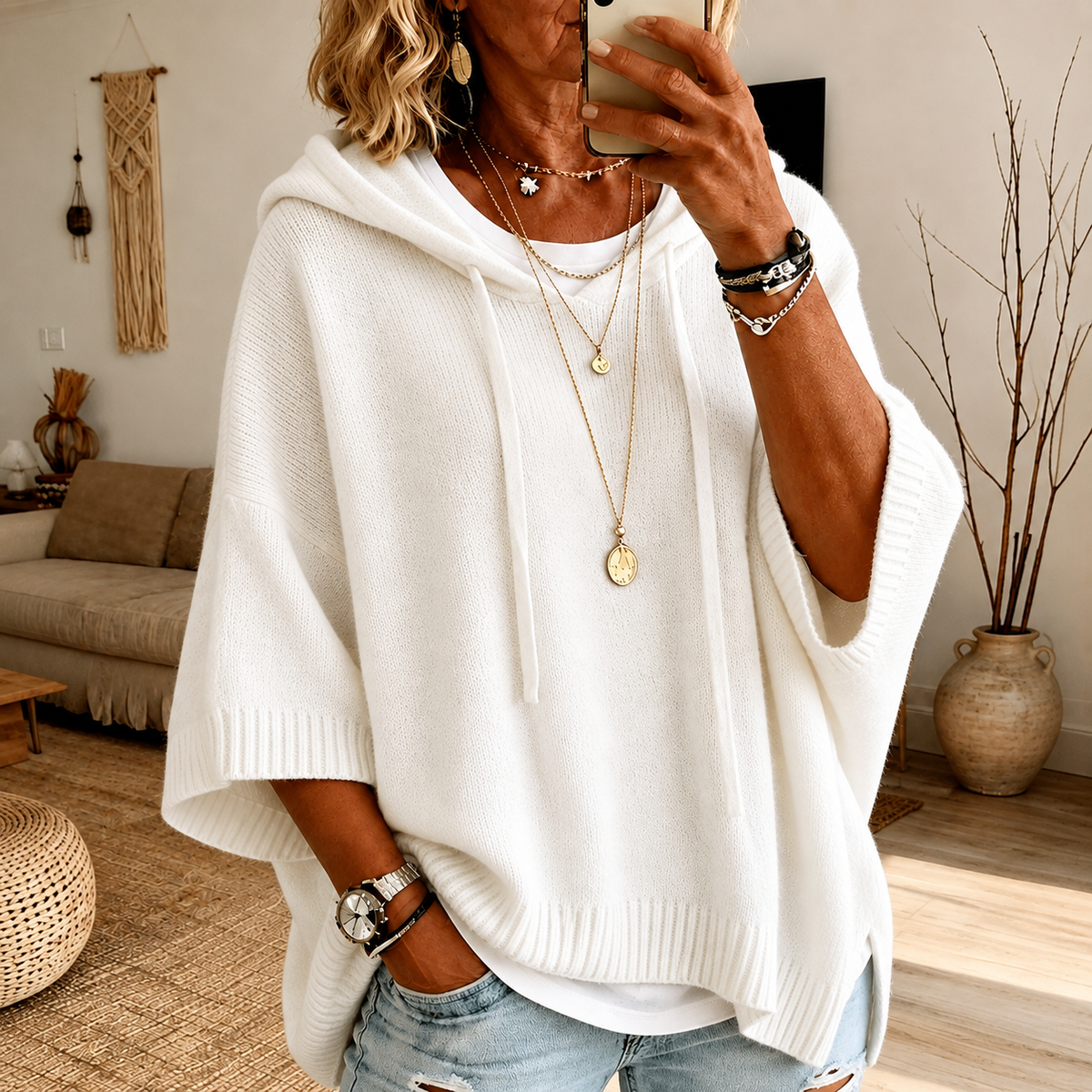 Janice | Jersey poncho con capucha blanco