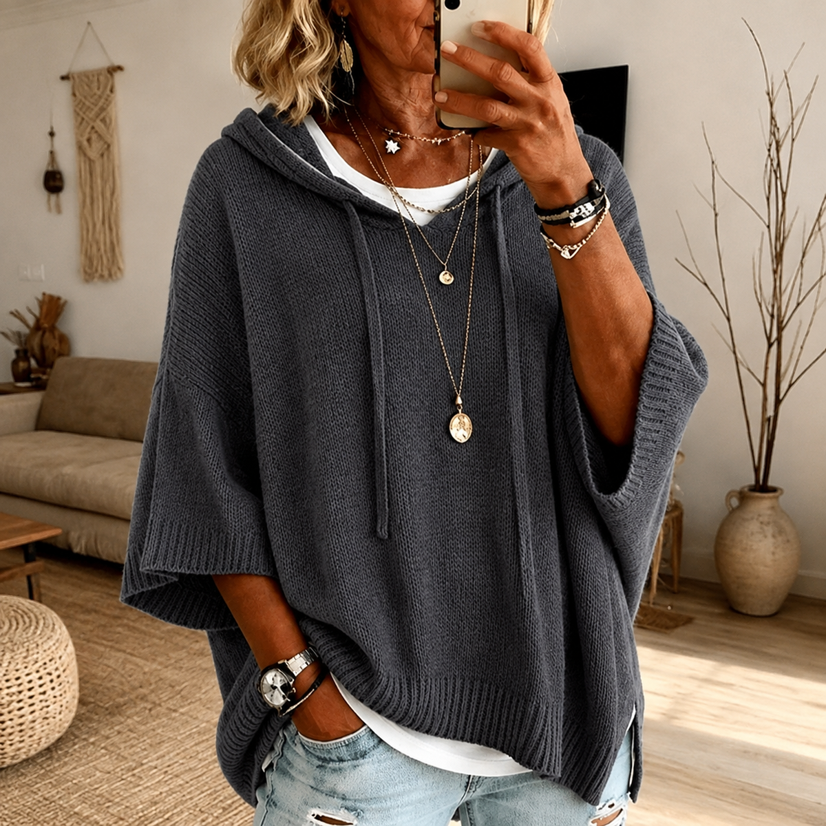 Camille | Jersey poncho con capucha gris marengo
