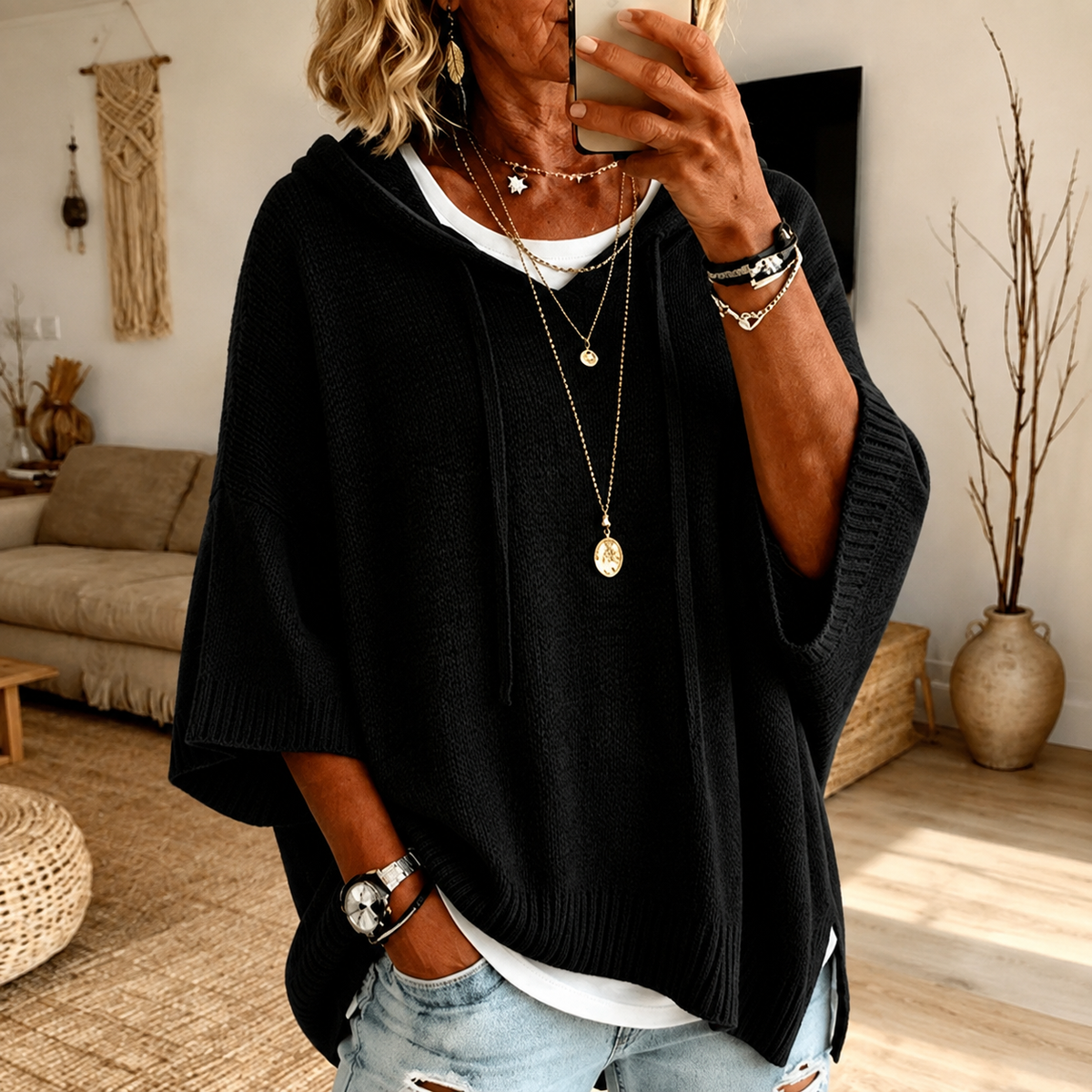 Sophie | Jersey poncho con capucha negro