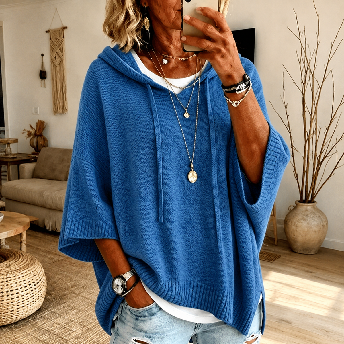 Amelie | Jersey poncho con capucha azul