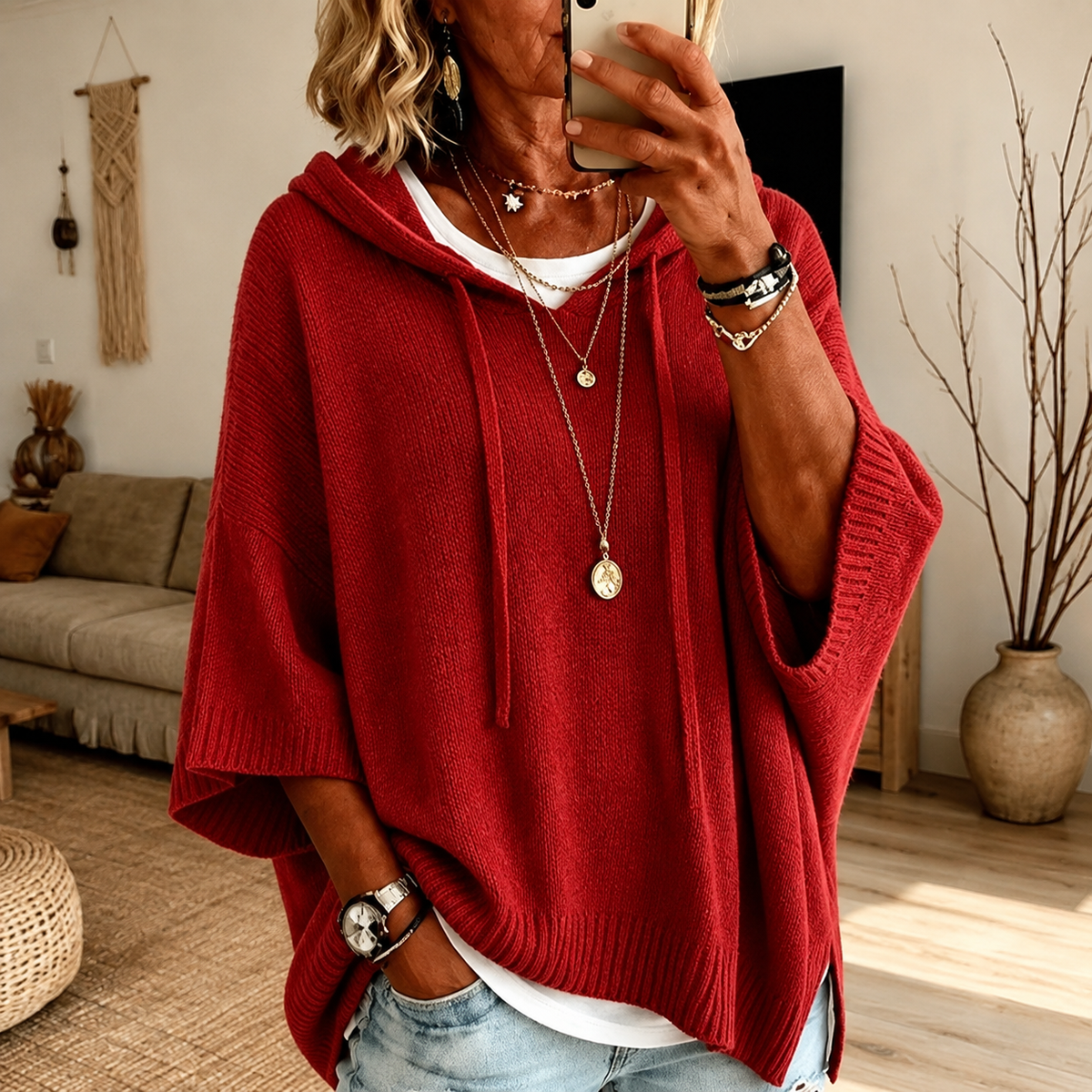 Claire | Jersey poncho con capucha rojo