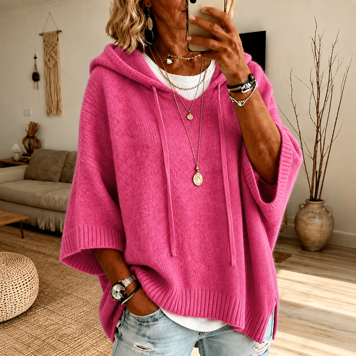 Chloe | Jersey poncho con capucha rosa