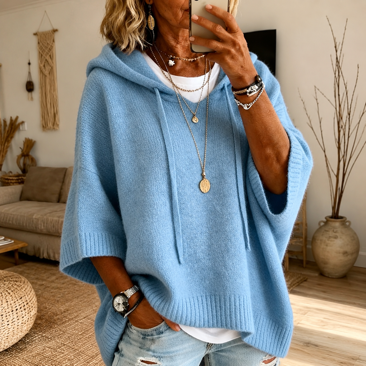 Lea | Jersey poncho con capucha azul cielo