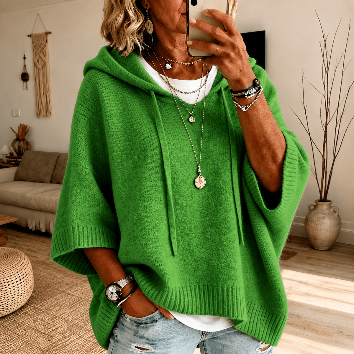 Margaux | Jersey poncho con capucha verde