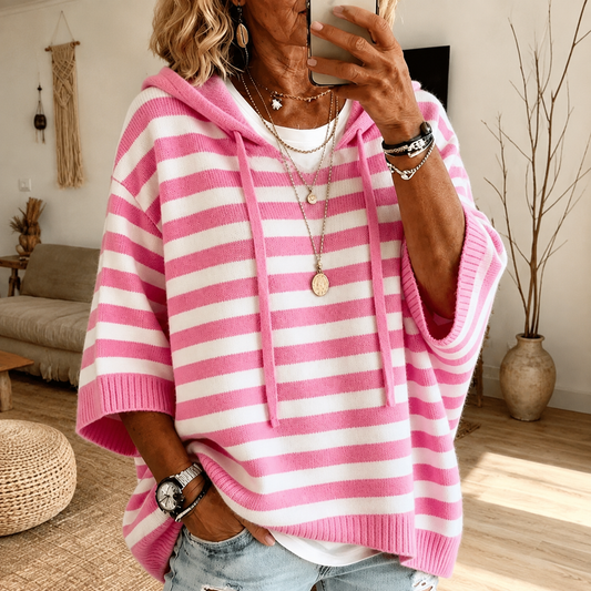 Emilie | Jersey poncho de rayas rosa con capucha