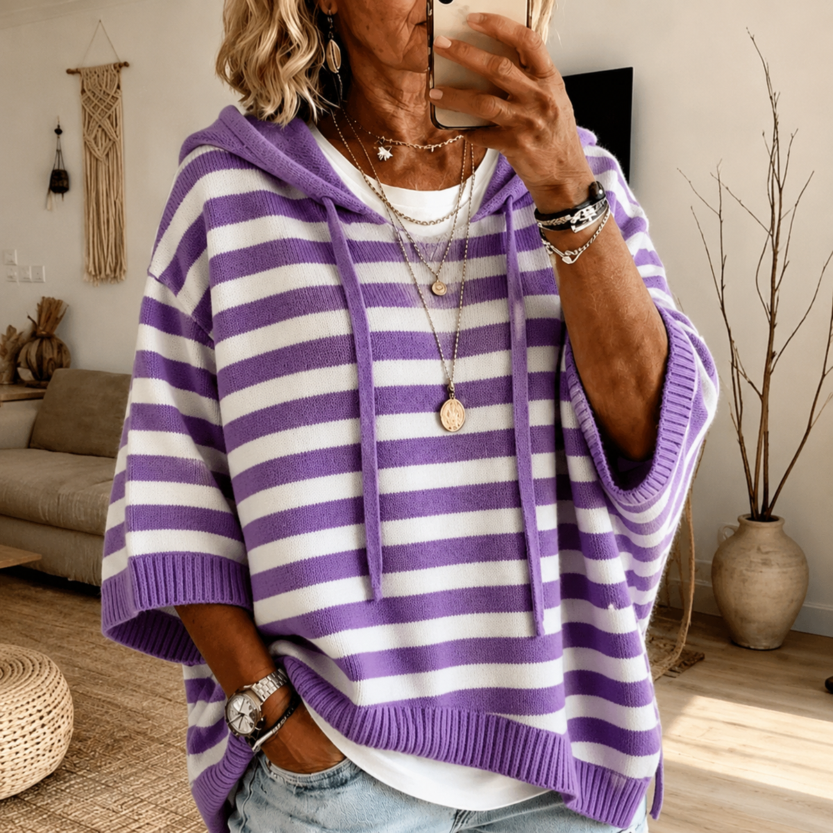 Anais | Jersey poncho de rayas morado con capucha