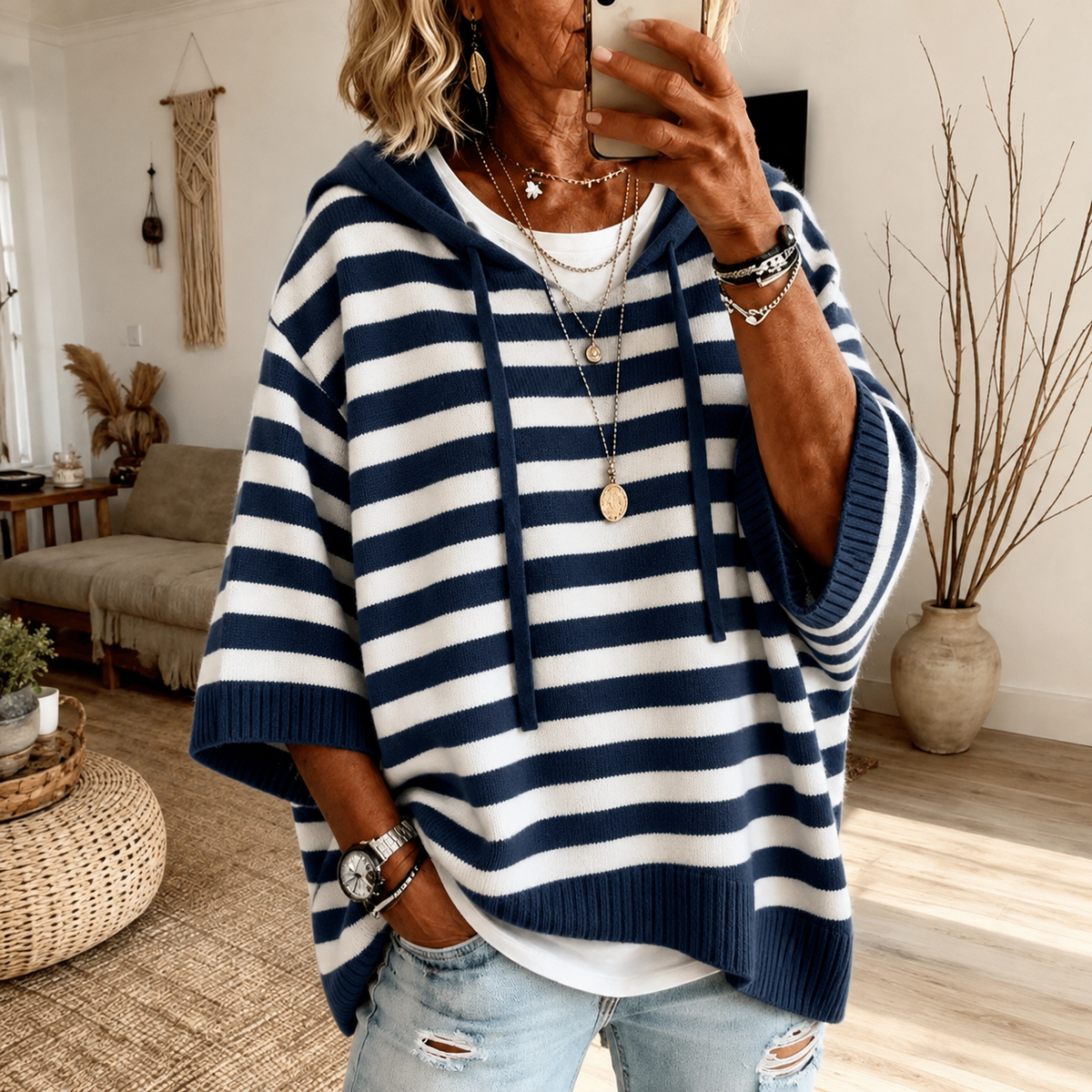 Marine | Jersey poncho de rayas azul marino con capucha