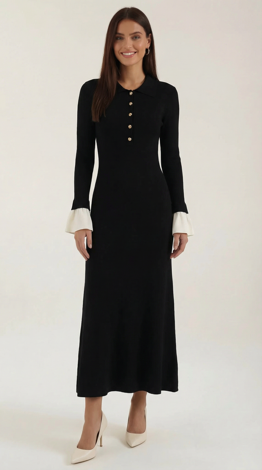 Charlotte | Vestido Maxi de Punto con Puños en Contraste