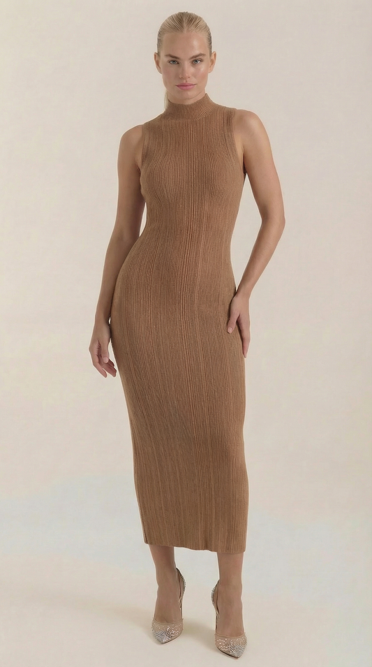 Sonia | Vestido Midi Ajustado de Cuello Alto